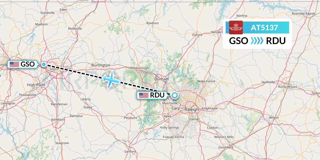 AT5137 Royal Air Maroc Flight Map: Greensboro to Raleigh-Durham
