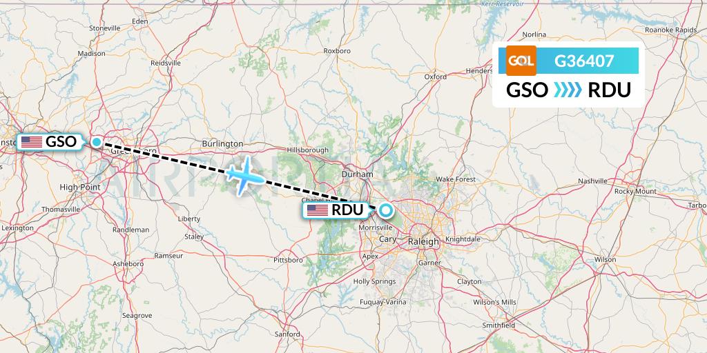 G36407 GOL Transportes Aeros Flight Map: Greensboro to Raleigh-Durham
