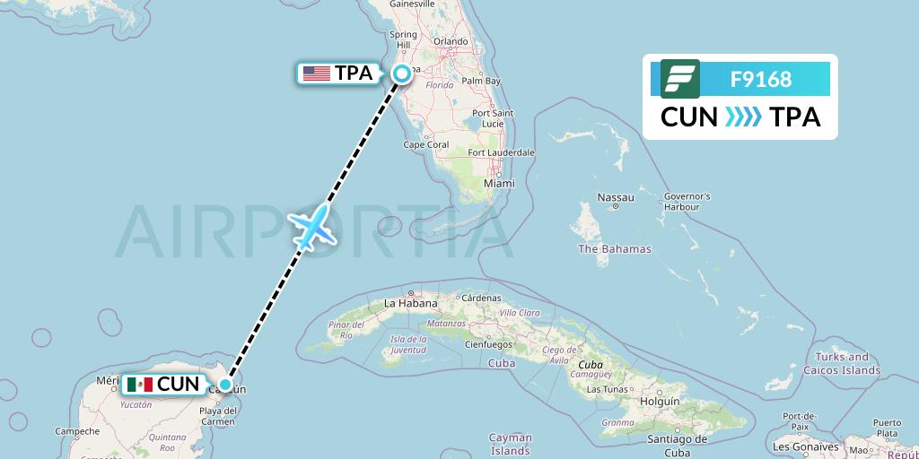 F9168 Frontier Airlines Flight Map: Cancun to Tampa