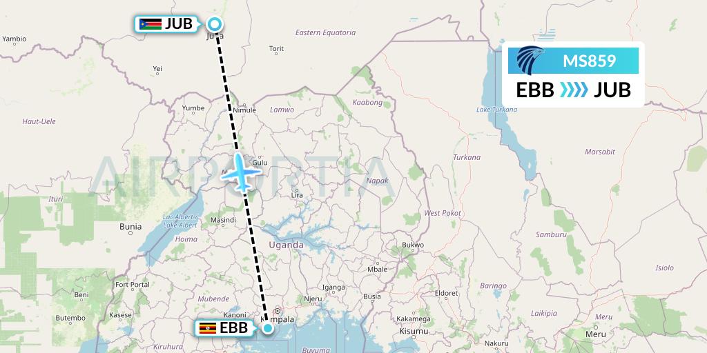 MS859 EgyptAir Flight Map: Entebbe to Juba