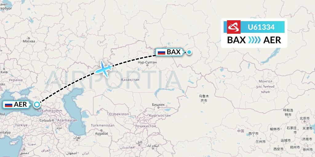 U61334 Ural Airlines Flight Map: Barnaul to Sochi