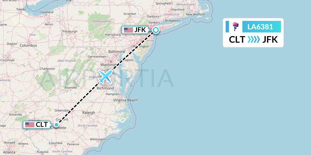 LA6381 LAN Airlines Flight Map: Charlotte to New York