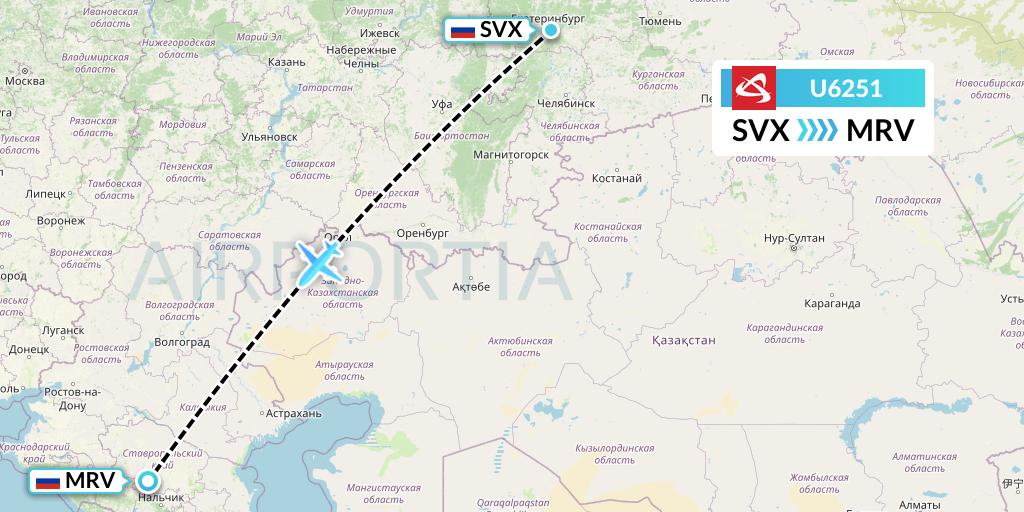 U6251 Ural Airlines Flight Map: Yekaterinburg to Mineralnye Vody