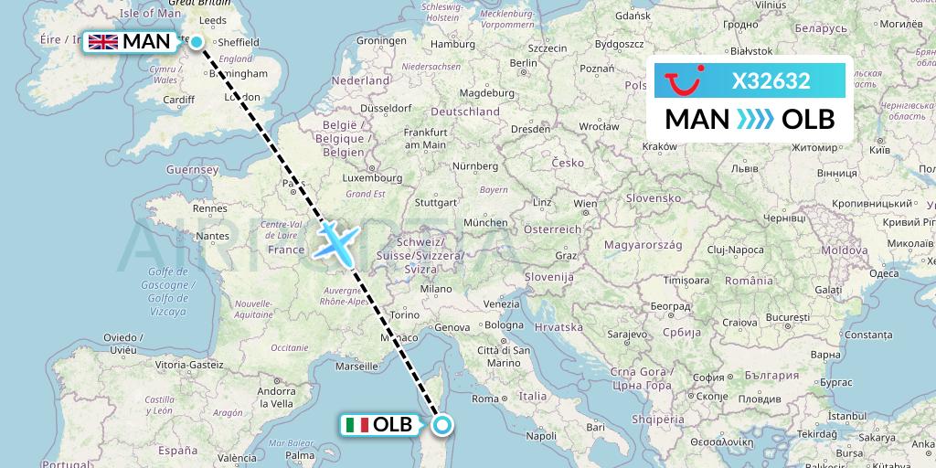 X32632 TUI fly Germany Flight Map: Manchester to Olbia