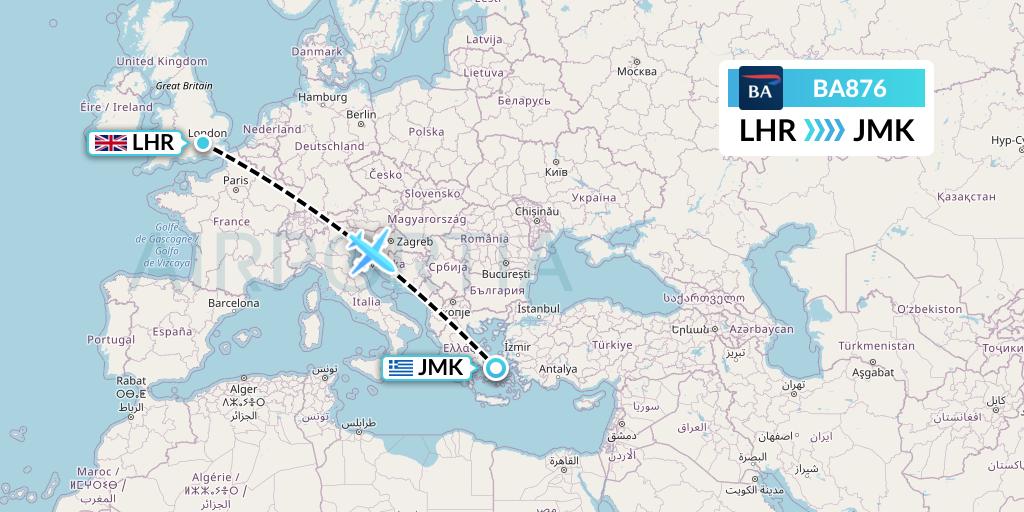 BA876 British Airways Flight Map: London to Mykonos