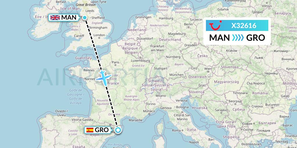 X32616 TUI fly Germany Flight Map: Manchester to Girona