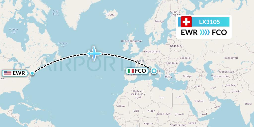 LX3105 Swiss Flight Map: New York to Rome