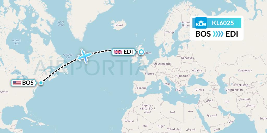 KL6025 KLM Flight Map: Boston to Edinburgh