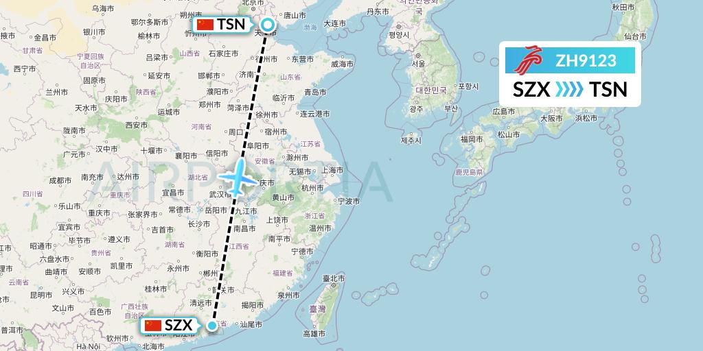 ZH9123 Shenzhen Airlines Flight Map: Shenzhen to Tianjin