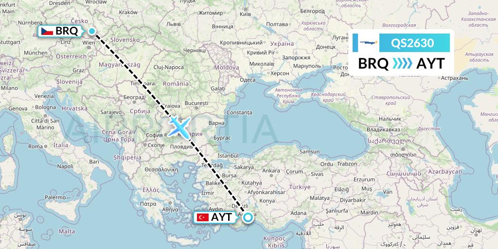 QS2630 Smartwings Flight Map: Brno to Antalya