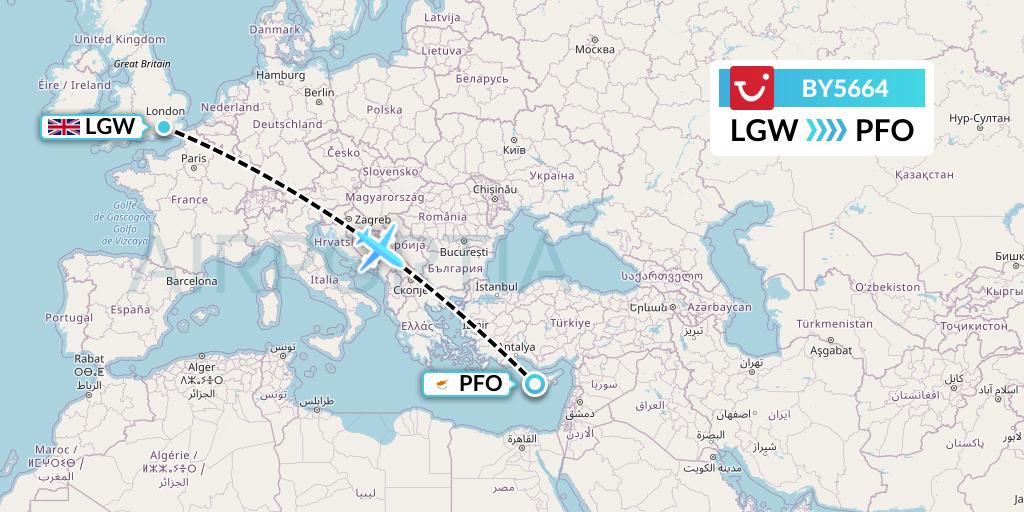 BY5664 TUI Airways Flight Map: London to Pafos