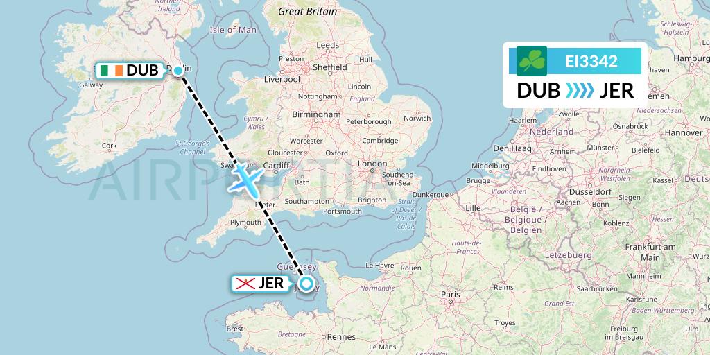 EI3342 Aer Lingus Flight Map: Dublin to Jersey