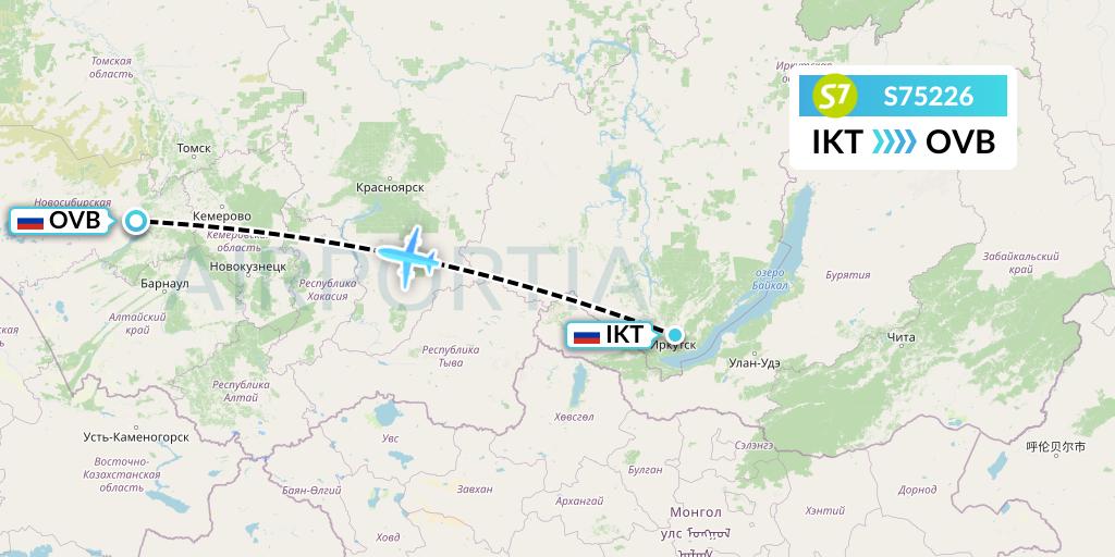 S75226 S7 Airlines Flight Map: Irkutsk to Novosibirsk