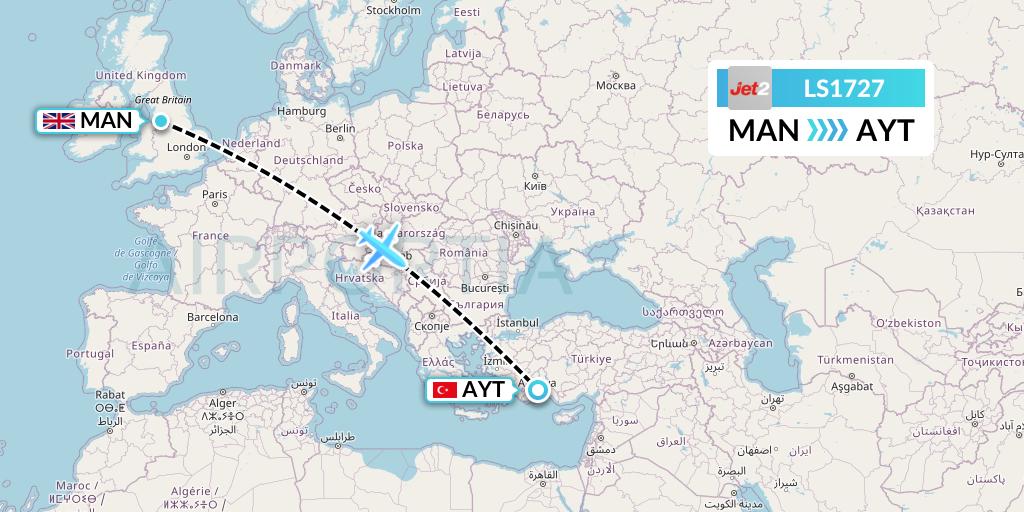 LS1727 Jet2 Flight Map: Manchester to Antalya