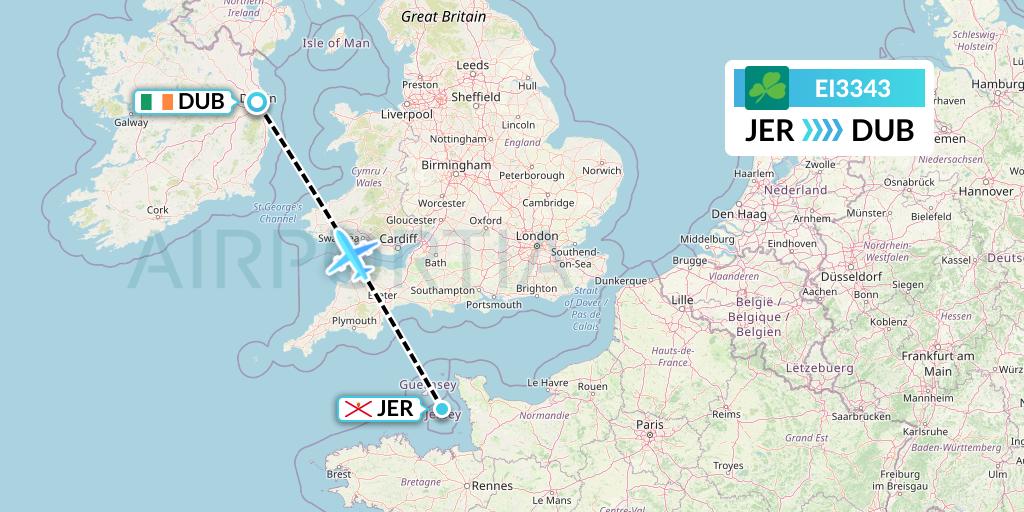 EI3343 Aer Lingus Flight Map: Jersey to Dublin