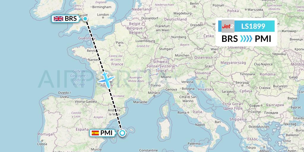 LS1899 Jet2 Flight Map: Bristol to Palma de Mallorca