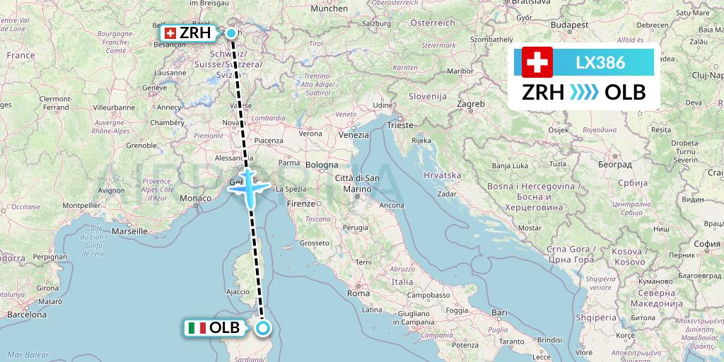 LX386 Swiss Flight Map: Zurich to Olbia
