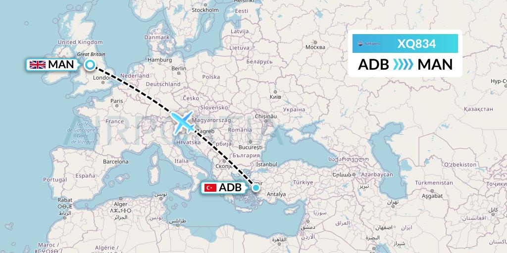 XQ834 SunExpress Flight Map: Izmir to Manchester
