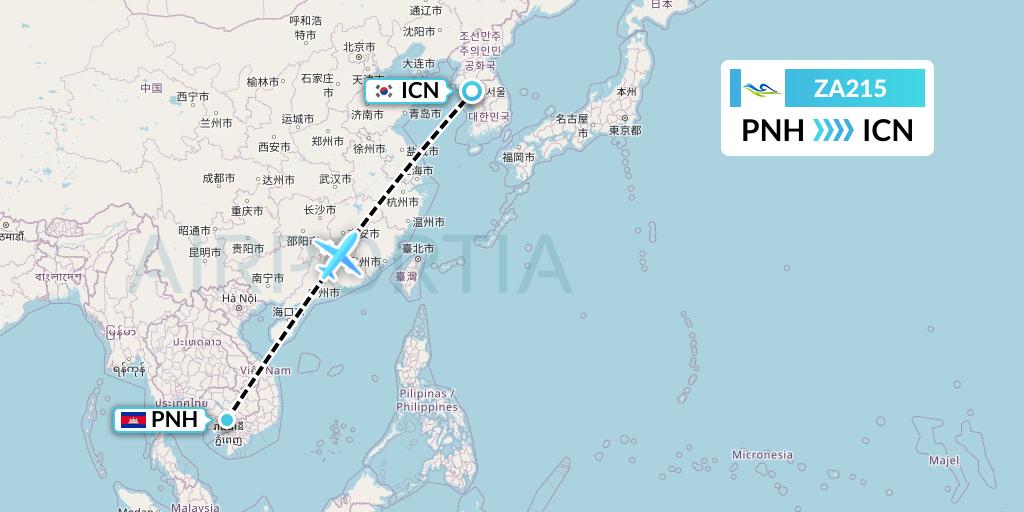 ZA215 Sky Angkor Airlines Flight Map: Phnom Penh to Seoul