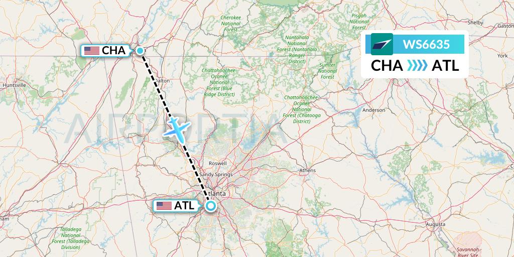 WS6635 WestJet Flight Map: Chattanooga to Atlanta