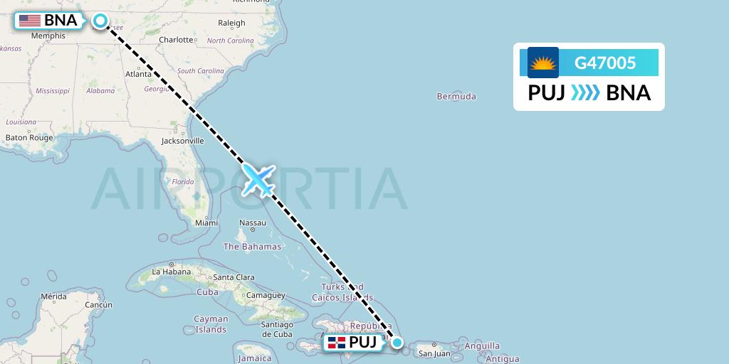 G47005 Allegiant Air Flight Map: Punta Cana to Nashville