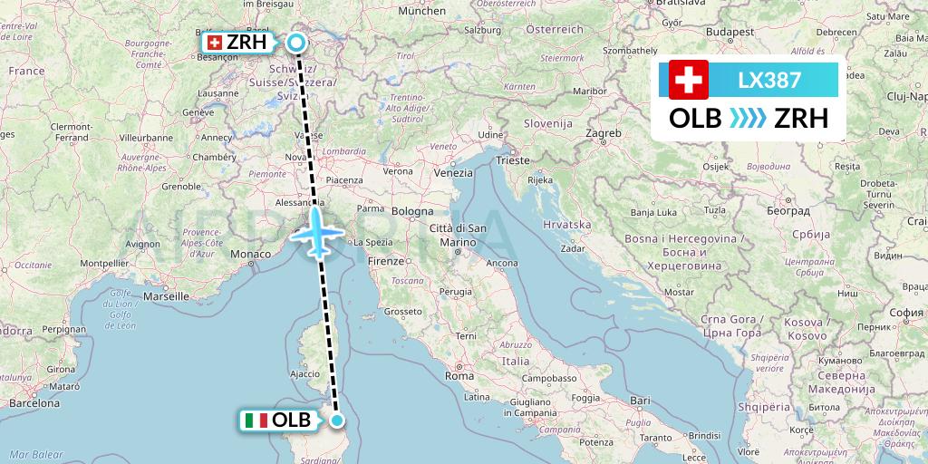 LX387 Swiss Flight Map: Olbia to Zurich