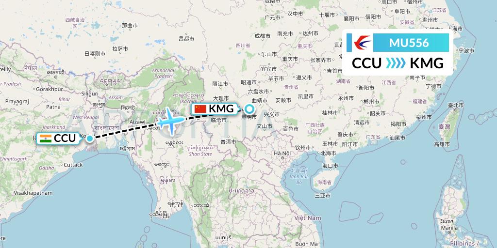MU556 China Eastern Airlines Flight Map: Kolkata to Kunming