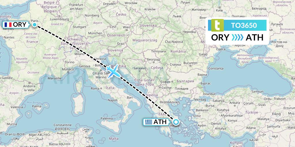 TO3650 Transavia France Flight Map: Paris to Athens