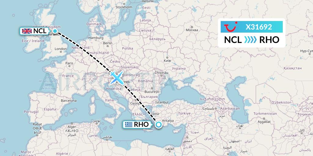 X31692 TUI fly Germany Flight Map: Newcastle to Rhodes