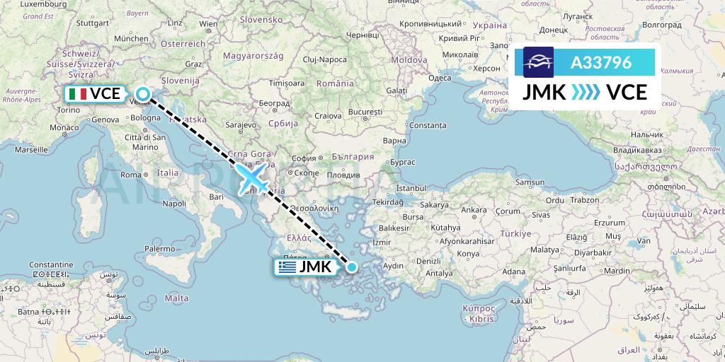 A33796 Aegean Airlines Flight Map: Mykonos to Venice