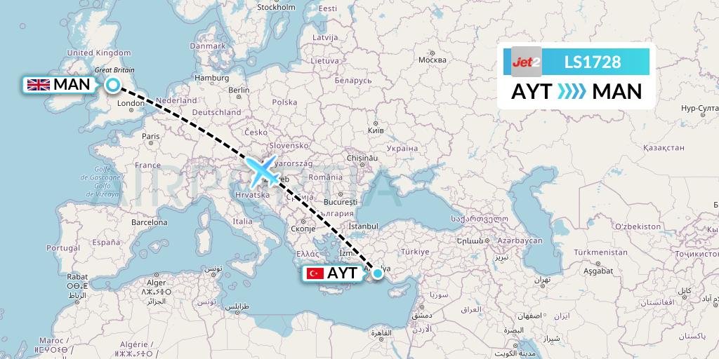 LS1728 Jet2 Flight Map: Antalya to Manchester