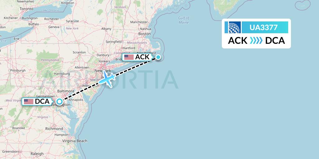 UA3377 United Airlines Flight Map: Nantucket to Washington
