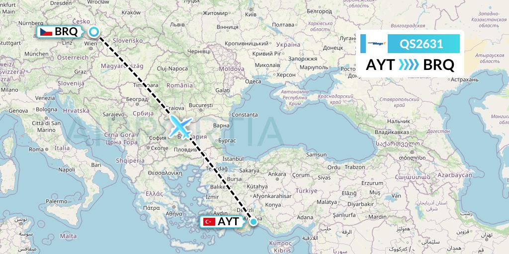 QS2631 Smartwings Flight Map: Antalya to Brno