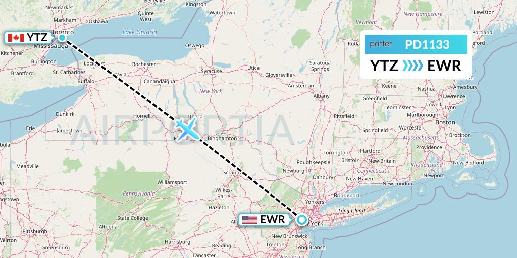 PD1133 Porter Airlines Flight Map: Toronto to New York