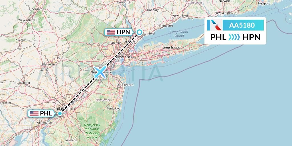 AA5180 American Airlines Flight Map: Philadelphia to White Plains