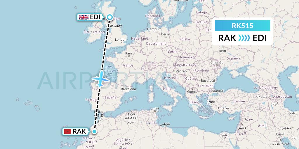 RK515 Ryanair UK Flight Map: Marrakesh to Edinburgh