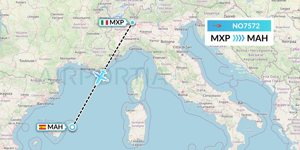 NO7572 Neos Flight Map: Milan to Mahon