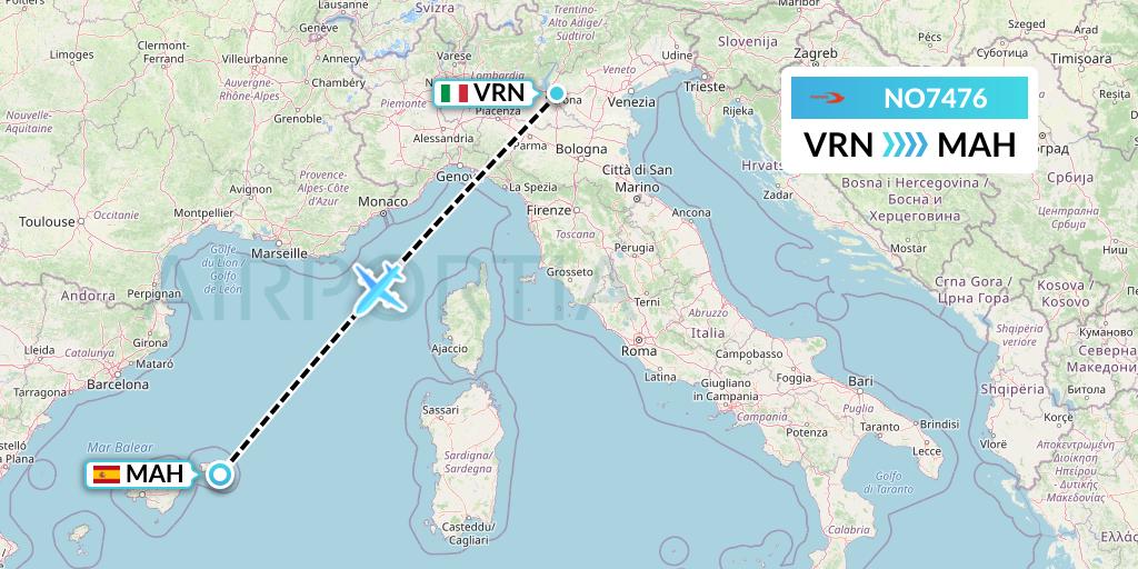 NO7476 Neos Flight Map: Verona to Mahon