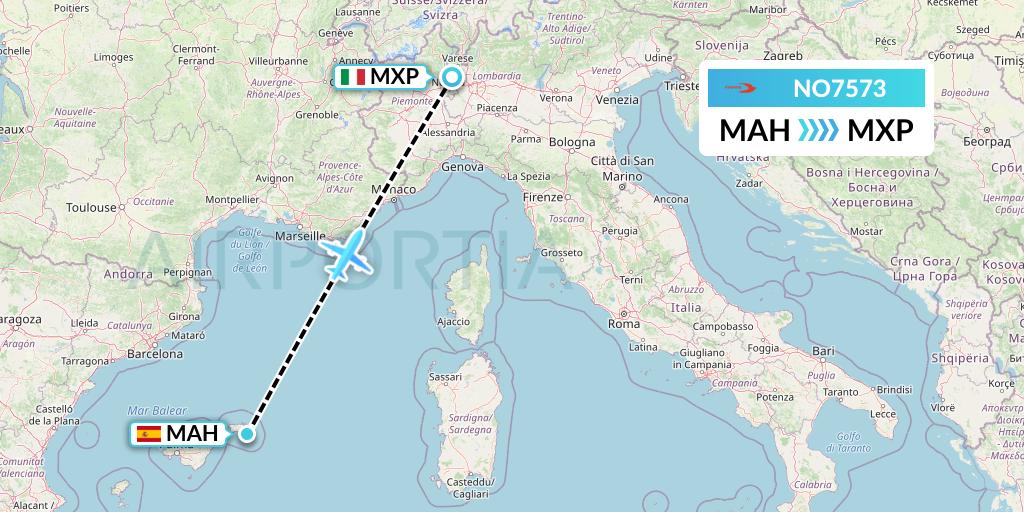 NO7573 Neos Flight Map: Mahon to Milan