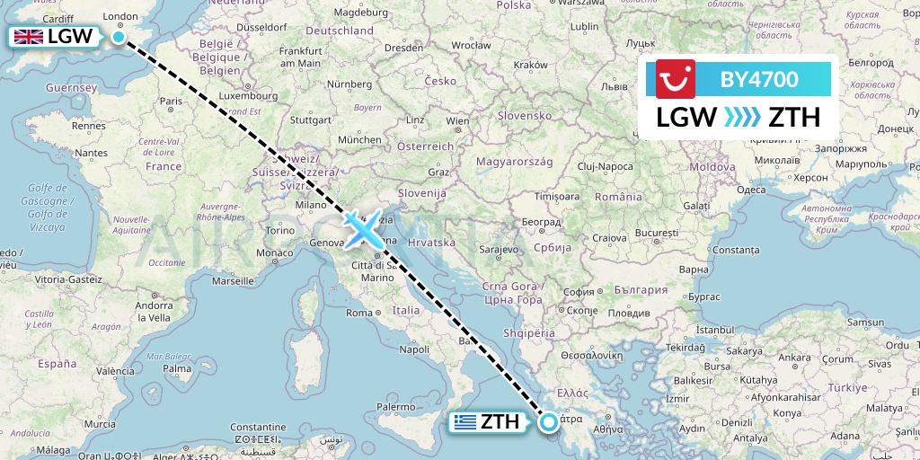 BY4700 TUI Airways Flight Map: London to Zakynthos