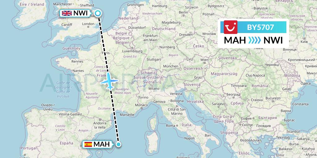 BY5707 TUI Airways Flight Map: Mahon to Norwich