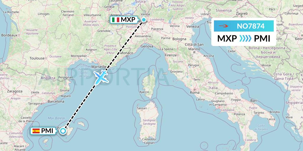 NO7874 Neos Flight Map: Milan to Palma de Mallorca