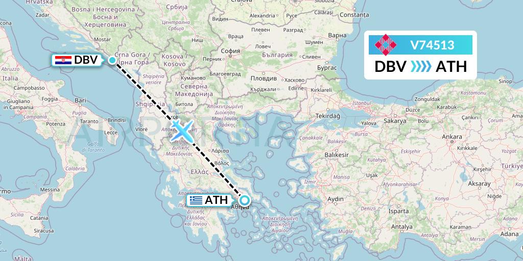 V74513 Volotea Flight Map: Dubrovnik to Athens