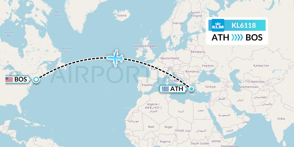 KL6118 KLM Flight Map: Athens to Boston