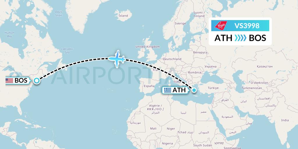 VS3998 Virgin Atlantic Airways Flight Map: Athens to Boston
