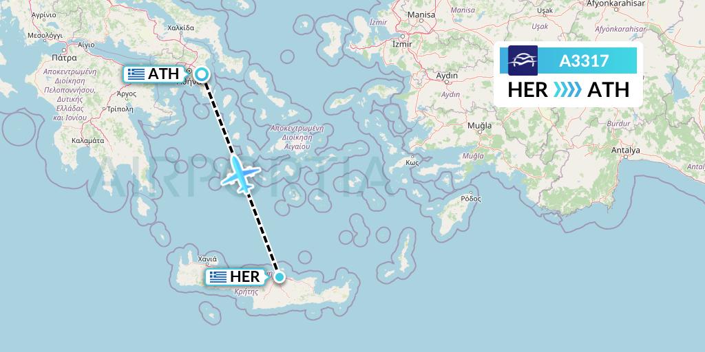 A3317 Aegean Airlines Flight Map: Heraklion to Athens
