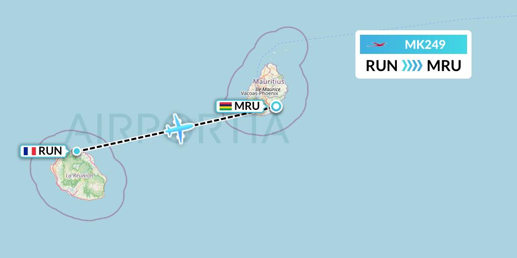 MK249 Air Mauritius Flight Map: Saint-Denis to Port Louis
