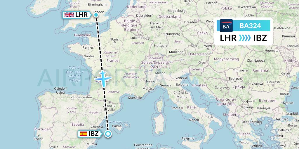 BA324 British Airways Flight Map: London to Ibiza