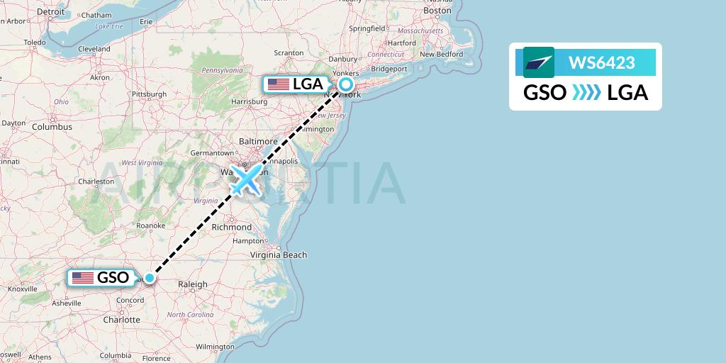 WS6423 WestJet Flight Map: Greensboro to New York
