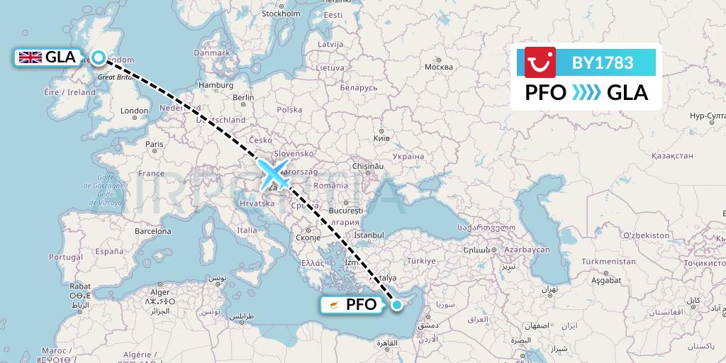 BY1783 TUI Airways Flight Map: Pafos to Glasgow